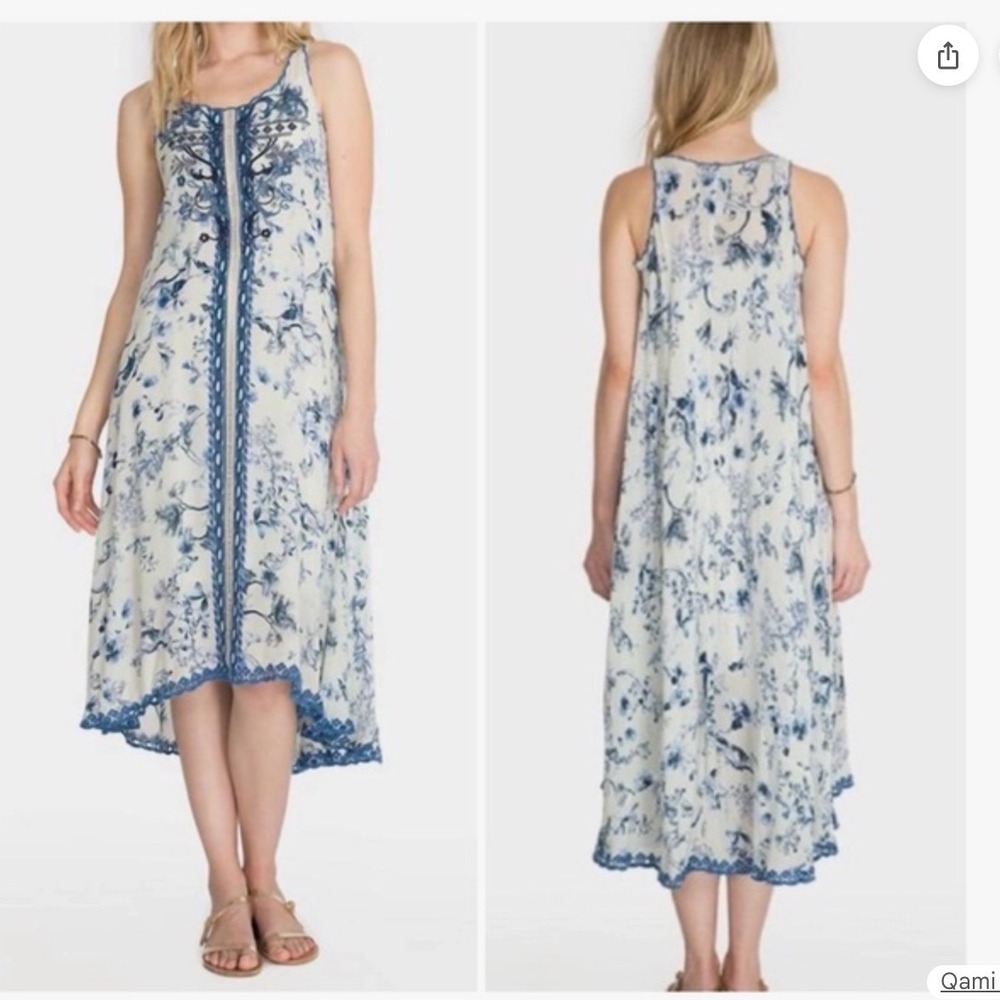 JOHNNY WAS AVALON BLUE TOILLE EMBROIDERED SLIP DRESS IN 100% SILK